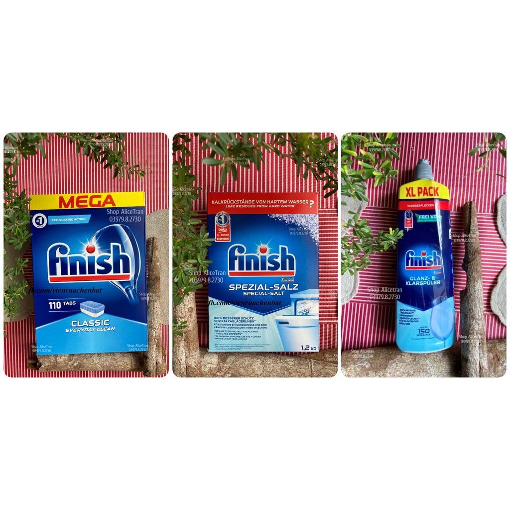 ComboViên rửa Finish Classic 90v/110v, muối Finish 1.2kg, bóng Finish 750ml, vệ sinh máy Finish 250ml (dùng cho máy)