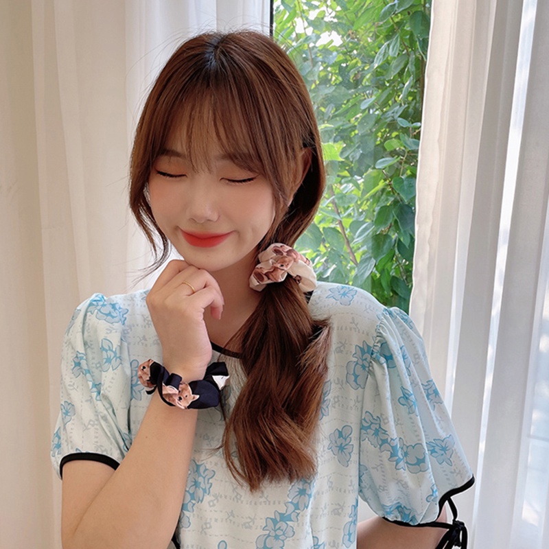 Cột tóc vải scrunchies họa tiết gấu dây buộc tóc scrunchies đáng yêu