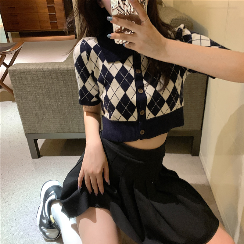 Áo Thun Dệt Kim Tay Ngắn Cổ Bẻ Thiết Kế Đơn Giản Phong Cách Retro Hàn Quốc Thời Trang Cho Nữ
