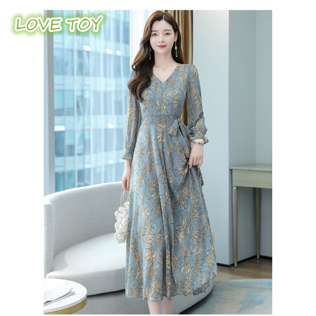 Đầm Tay Dài Cổ Chữ V In Họa Tiết Thanh Lịch Dành Cho Nữ