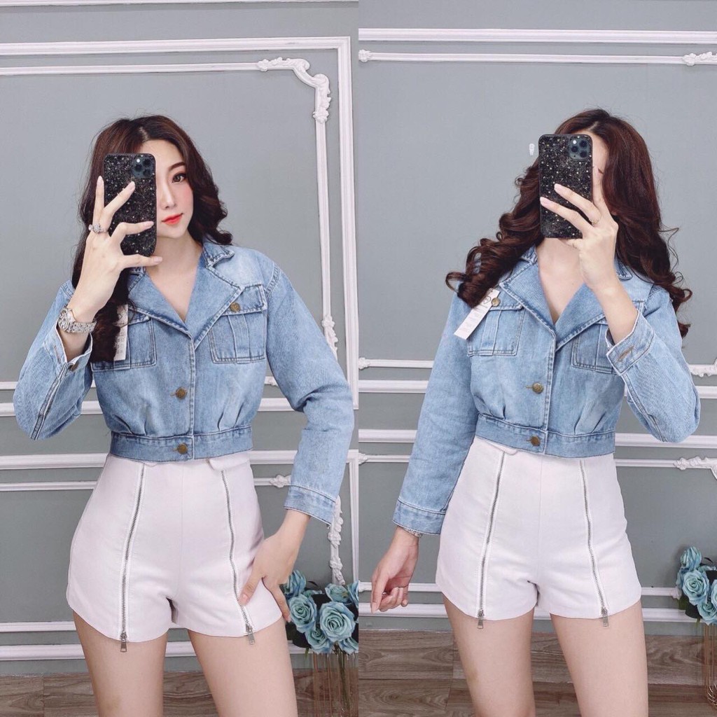 Áo Khoác Bò Jeans Lửng Croptop Nữ Cao Cấp Cổ Vest Phối Túi Siêu Đẹp -ảnh kèm video thật- Hàng có sẵn | BigBuy360 - bigbuy360.vn