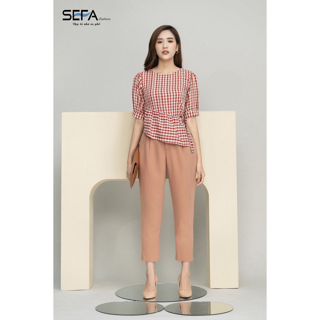 Áo peplum SEFA cổ tròn sơ mi tay phồng kiểu che bụng nữ