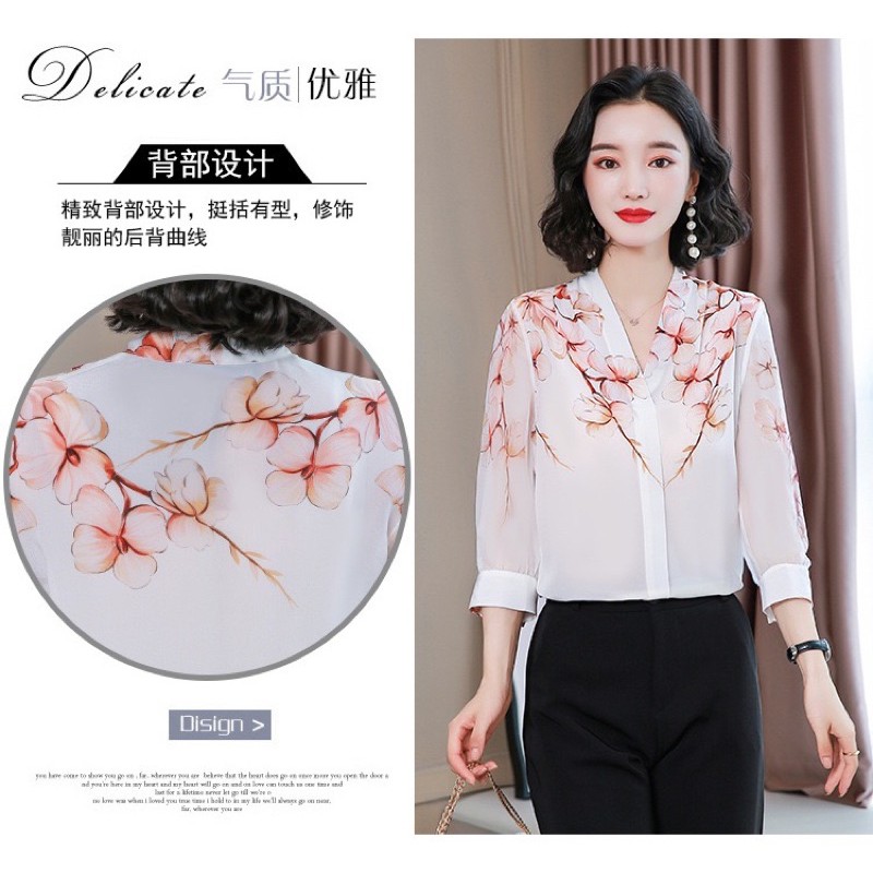 sơ mi nữ dài tay cổ v vai in hoa chất liệu nhẹ thoáng mát