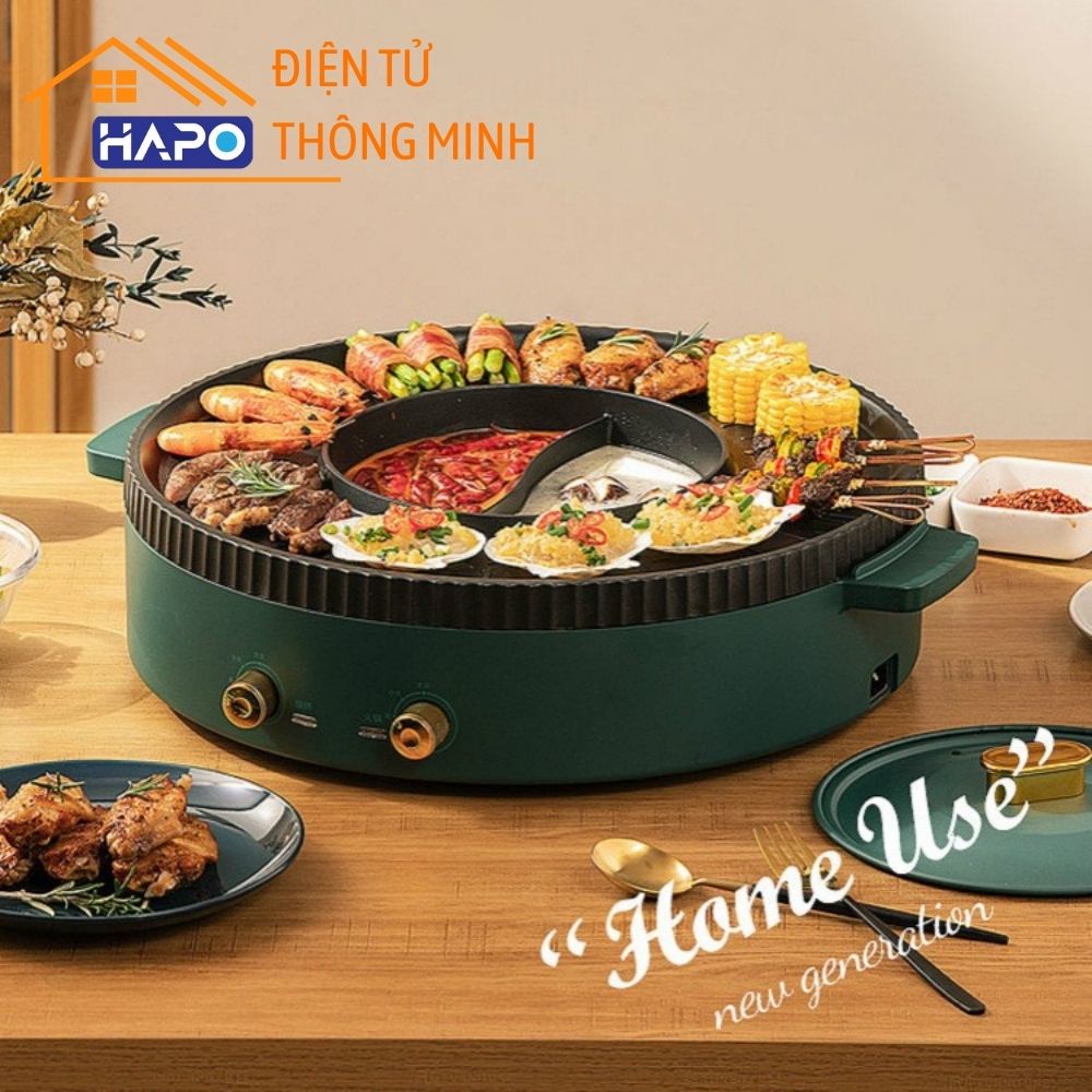 Bếp lẩu nướng đa năng, Nồi lẩu 2 ngăn kiêm bếp nướng không khói 2 trong 1, Nồi lẩu nướng điện chống dính dễ dàng vệ sinh