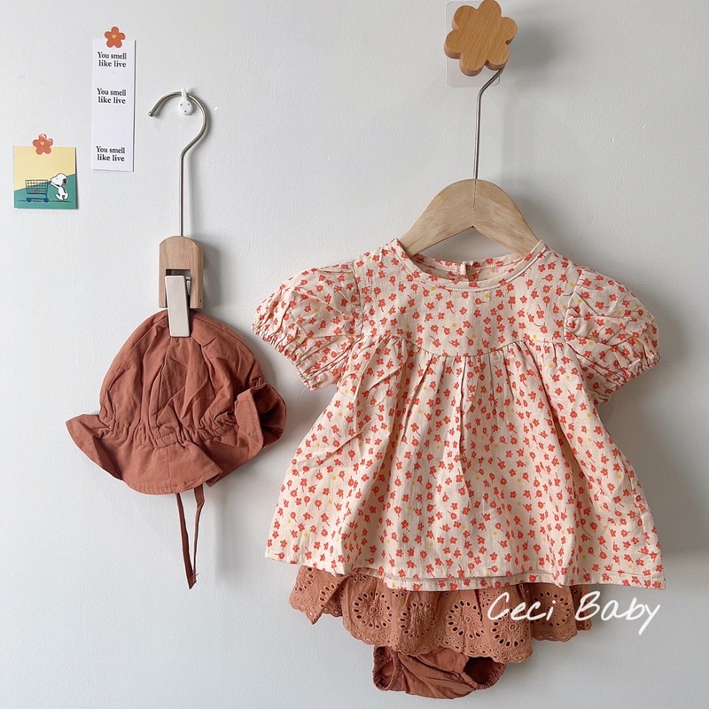 Set 3 chi tiết mũ, quần váy, áo hoa cho bé gái đáng yêu ảnh thật