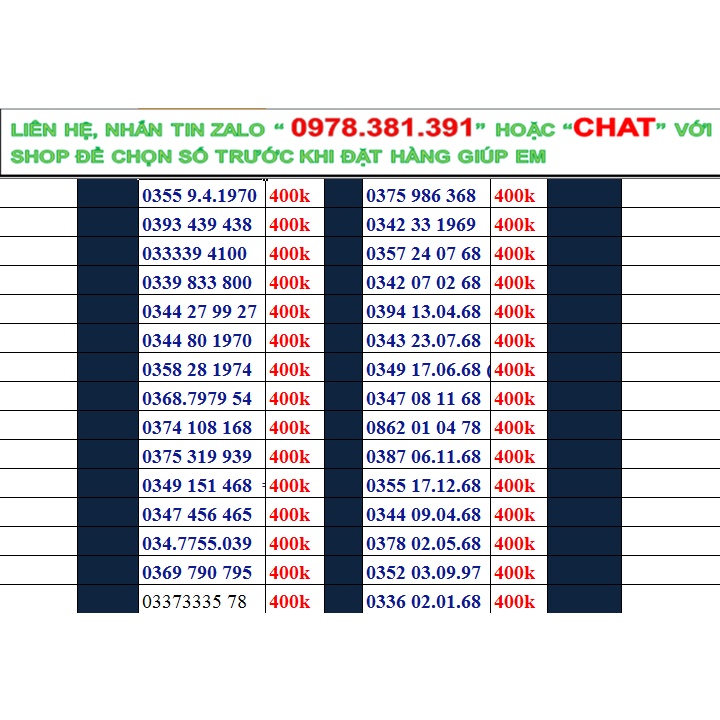 Sim số đẹp viettel đầu 09, 08, 03 đồng giá 400k