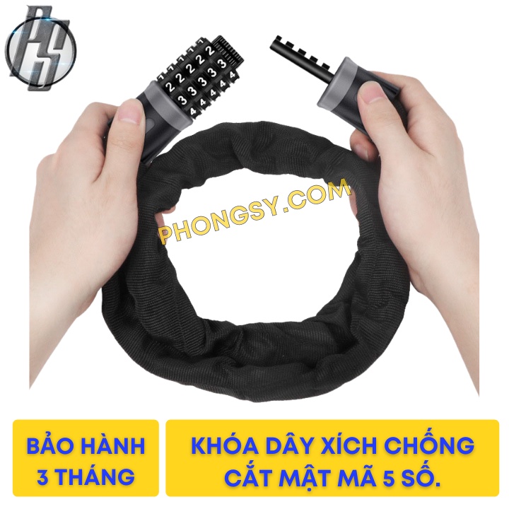 [Chính hãng] Khóa dây xích mật mã 5 số chống trộm chống cắt cho xe máy xe đạp dây cao cấp chống gỉ bọc lớp vải ngoài