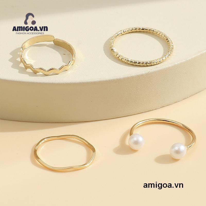 ✨✨Bộ 4 nhẫn đeo tay đính hạt ngọc trai kiểu dáng đơn giản phong cách Hàn Quốc
