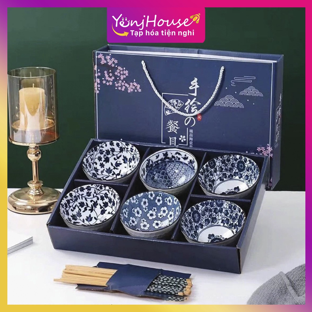 BỘ 6 CHÉN  CƠM PHONG CÁCH NHẬT BẢN - HOA VĂN SẮC XƯA GIẢ CỔ - YENJHOUSE