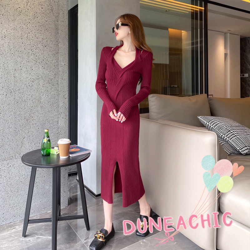 DUNEA Đầm Dệt Kim Dáng Dài Cổ Chữ V Hở Vai Quyến Rũ Cho Nữ