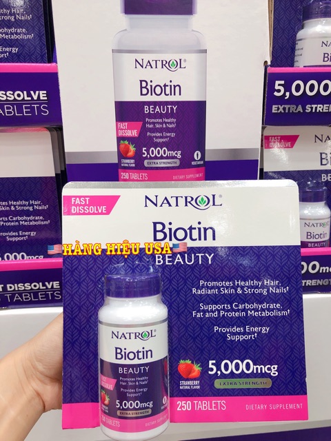 💥Viên ngậm mọc tóc Natrol Biotin 5000mcg 250viên