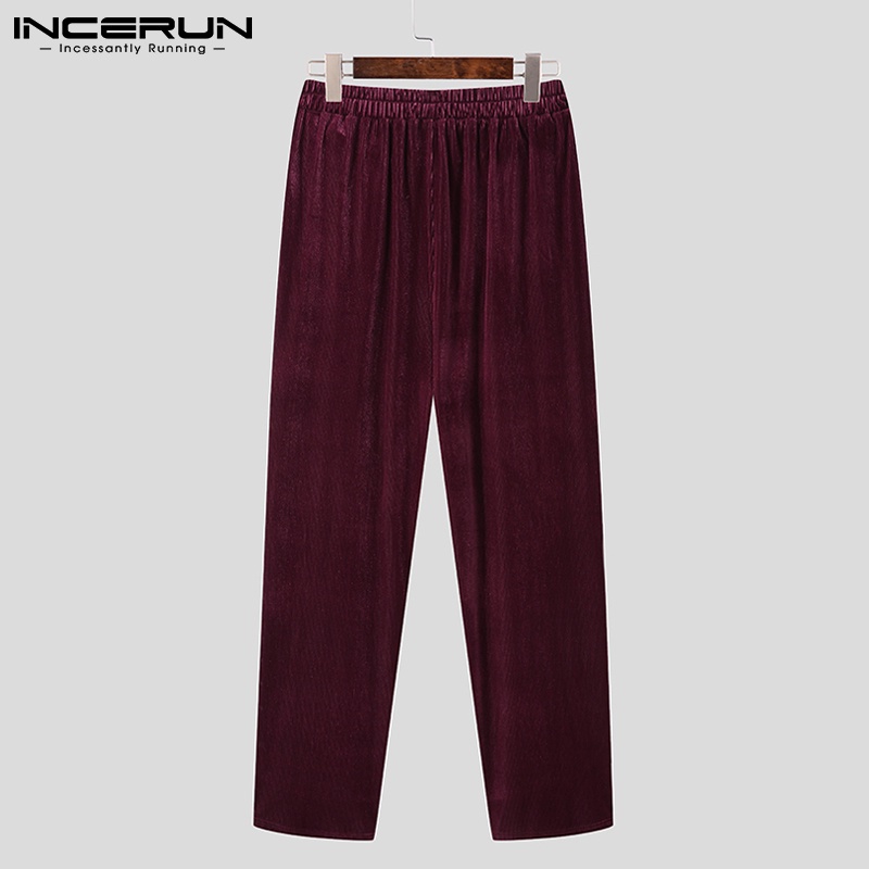 Quần dài INCERUN vải corduroy màu trơn dáng rộng thắt lưng co giãn phối xếp ly phong cách retro cho nam