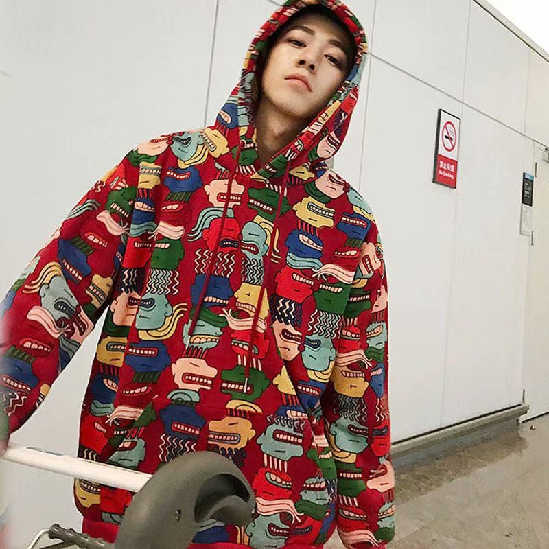 Áo hoodie dáng rộng có mũ trùm đầu in họa tiết hoạt hình đơn giản thời trang
