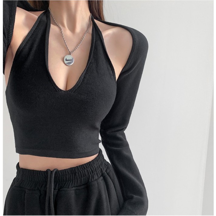 Áo Dệt Kim Cổ Yếm Dáng Ngắn Thiết Kế Quyến Rũ Thời Trang Cho Nữ