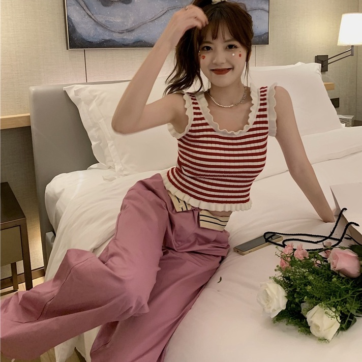 【ZHELIHANGFEI】 Áo Dệt Kim Hai Dây Dáng Ngắn Họa Tiết Kẻ Sọc