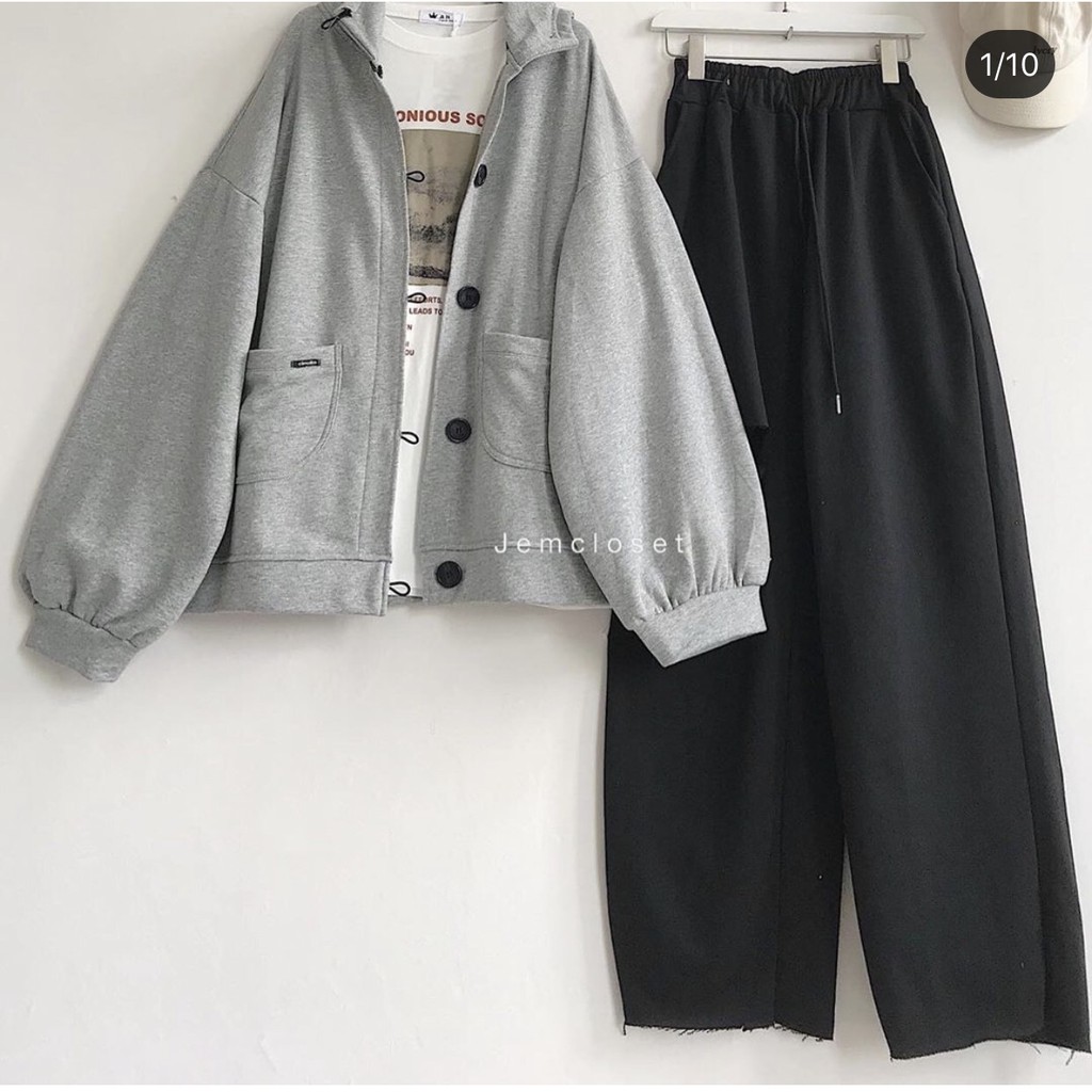 Áo Khoác Nữ Form Rộng Tay Phồng JEM CLOSET Chất Liệu Nỉ Da Cá Phong Cách Basic Hàn Quốc ALITE Màu Đen Xám Xanh Than 1742
