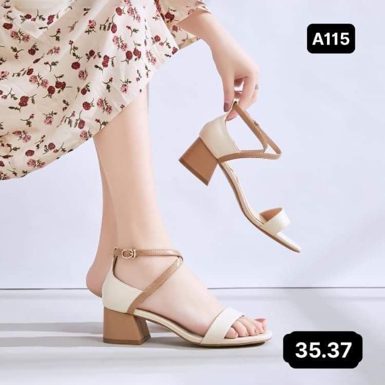 Giày sandal cao gót nữ đẹp 5p gót tròn phối trắng nâu Dily chính hãng