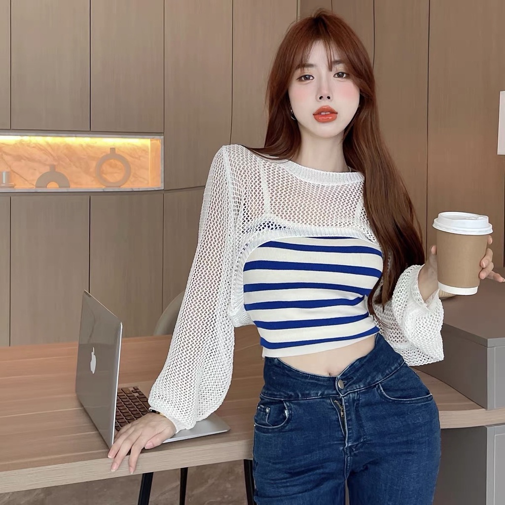 SUXI Áo Croptop Dệt Kim Chống Nắng Dáng Ôm Họa Tiết Kẻ Sọc Thời Trang Mùa Hè Cho Nữ