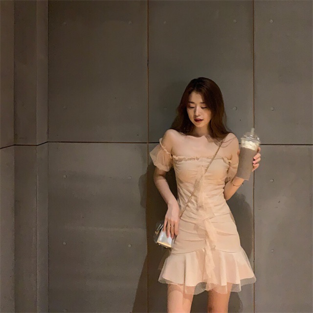 Đầm trễ vai body đuôi cá phối bèo tiểu thư (có ảnh thật）
