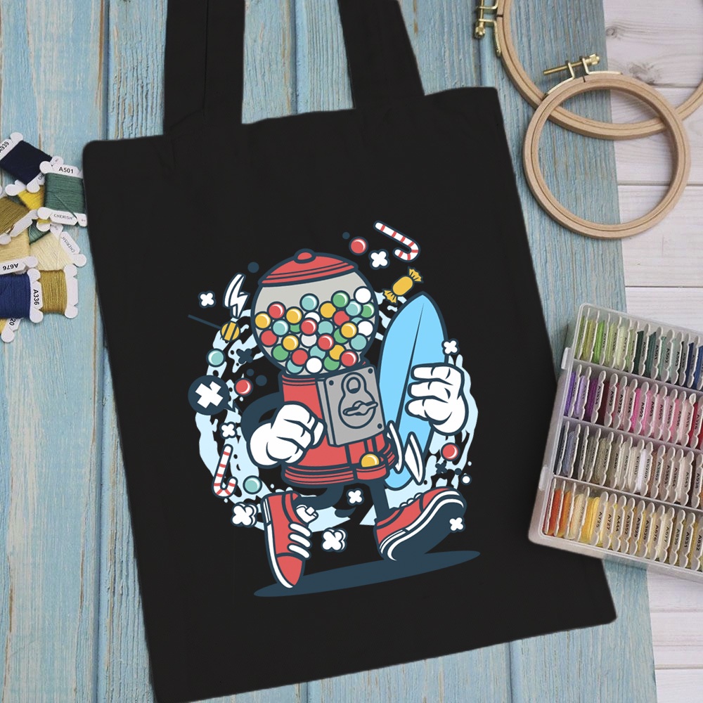 Túi vải, túi Tote (màu đen) CARTOON DESIGN - Mẫu 4 vải canvas dày đẹp cho nữ có khóa miệng đi học đi chơi.