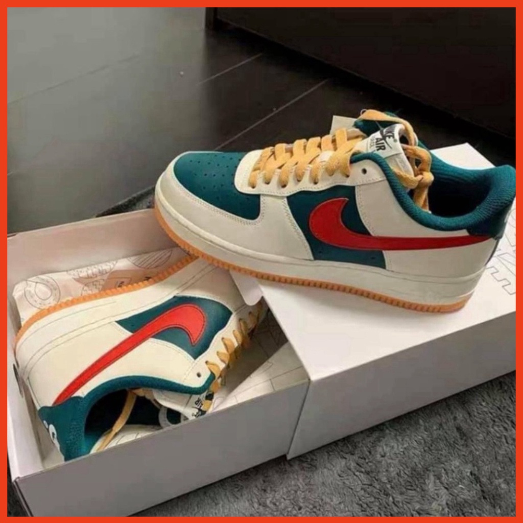 Giày Sneaker nam nữ cao cấp full bill box, giày thể thao Jordan AF1 cổ thấp da lộn màu xanh đỏ đế cao, form đẹp M11