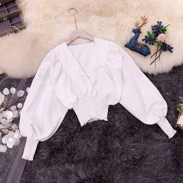 [Mã WA2710 giảm 10k đơn 99k] Áo kiểu croptop nhúm eo tay dài ống bo kèm ảnh thật khách chụp hình cuối