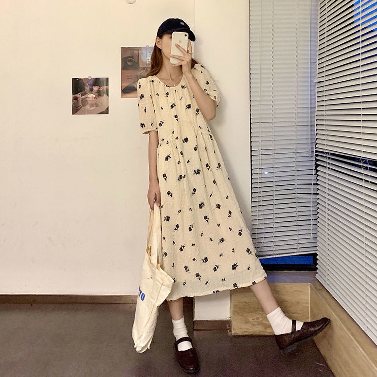 Váy babydoll Đầm Cổ Tròn Họa Tiết Hoa Hồng Phong Cách Hàn Quốc Thời Trang Mùa Hè Cho Nữ