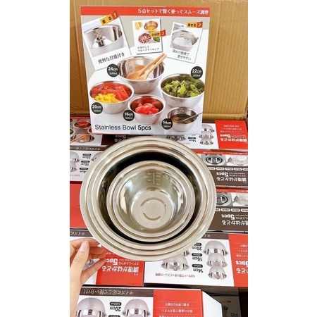 Set 5 chậu, thau inox đựng thức ăn có  vạch chia tiện lợi - Inox dày