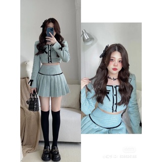 Sét váy dạ tweet phối nơ nhung tiểu thư dành cho nữ