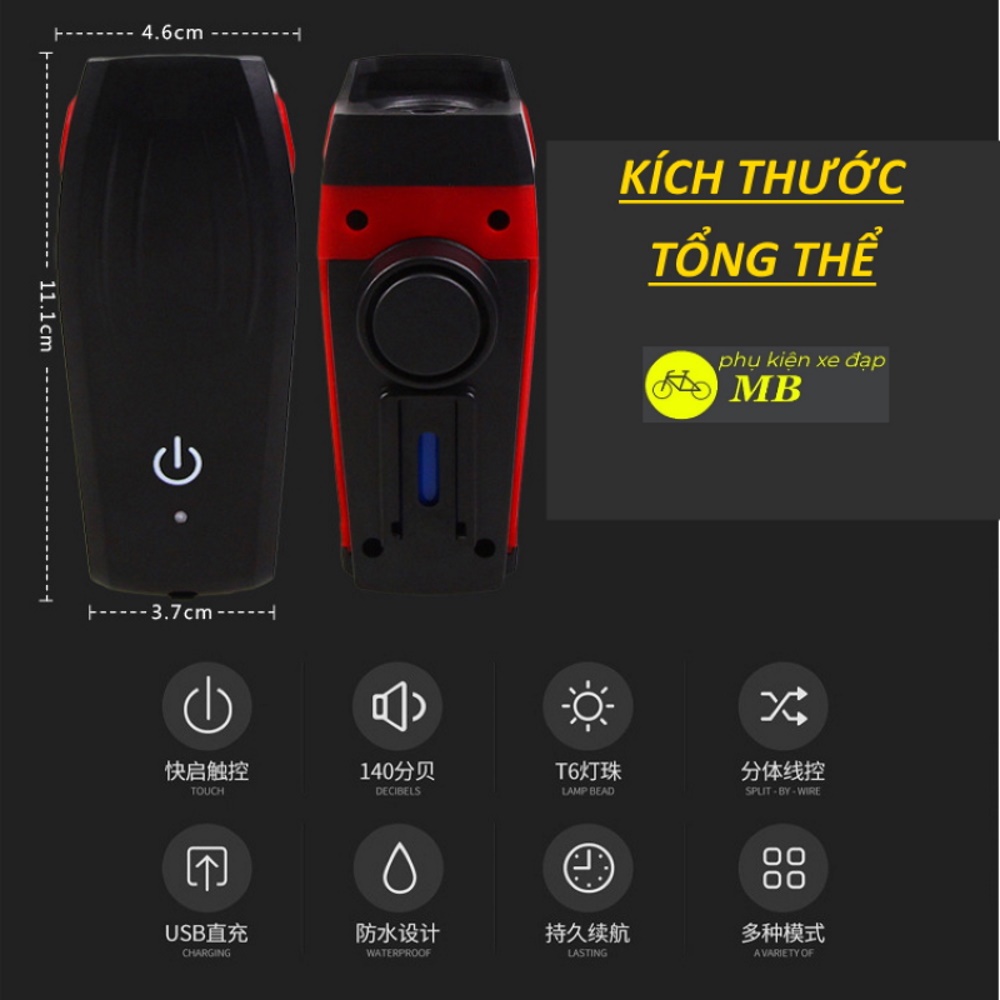 Đèn xe đạp có còi siêu sáng cảm ứng đèn led xe đạp thể thao 2in1 sạc USB AS0909