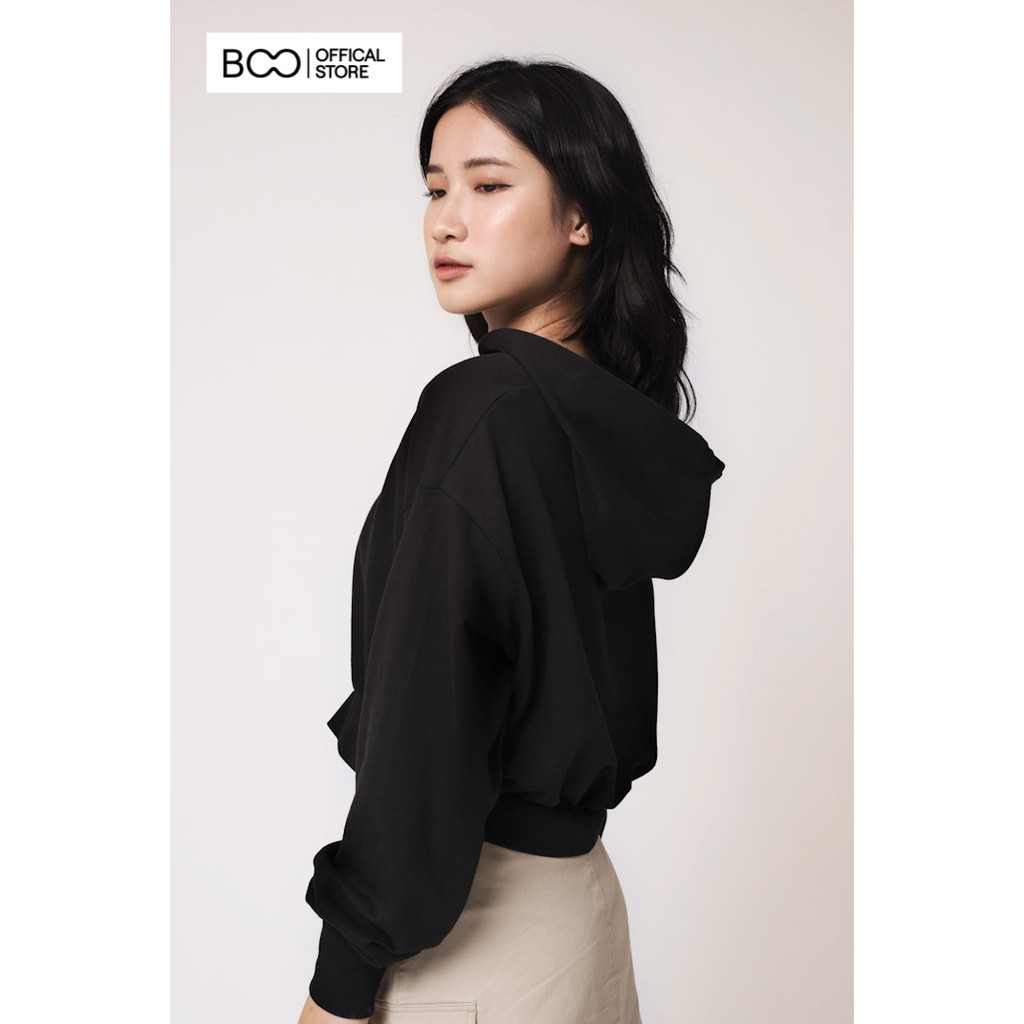 Áo hoodie nữ BOO nỉ có mũ, dáng croptop