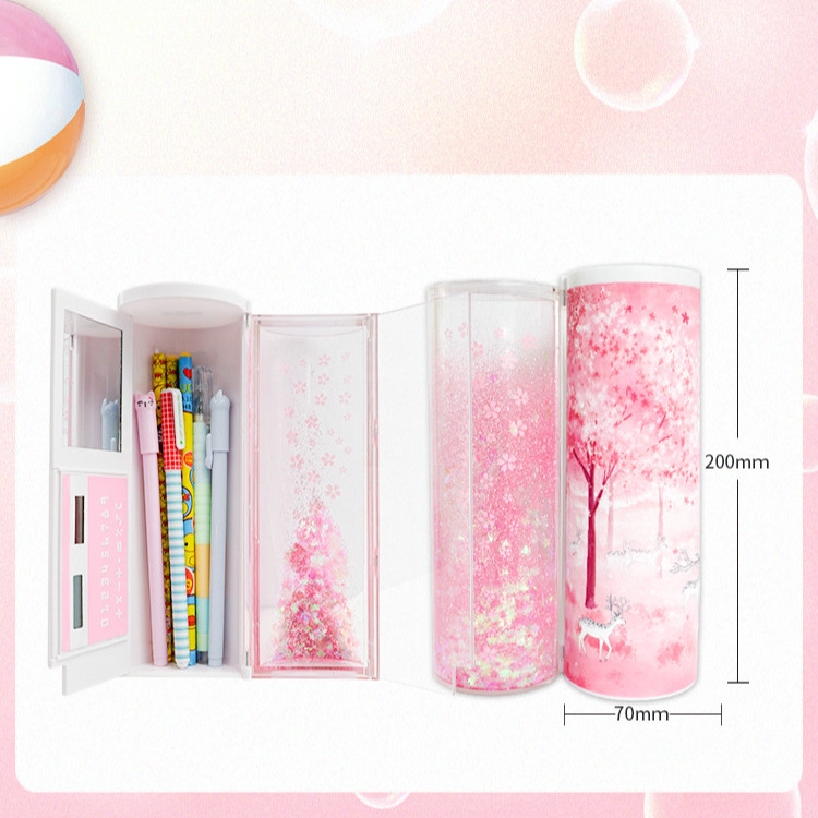 124Korean Quicksand Translucent Pencil Cases Multifunction Cylindrical Pencil Box School Case Cute Girl Boy Pink Blue Pen Holder