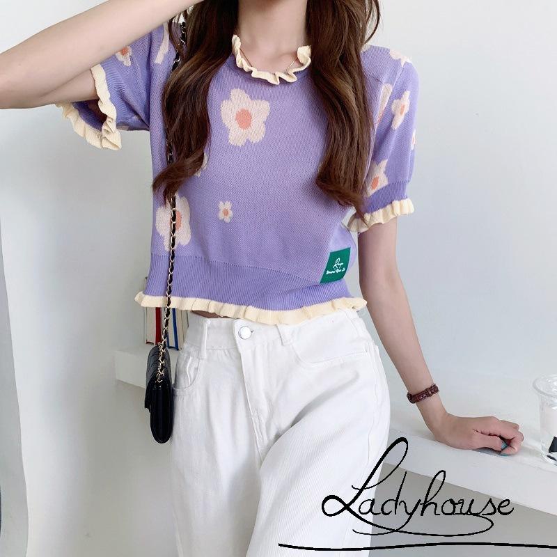 Áo Thun Dệt Kim Tay Ngắn Cổ Tròn Viền Bèo In Họa Tiết Hoa Thời Trang Mùa Hè Xinh Xắn Cho Nữ