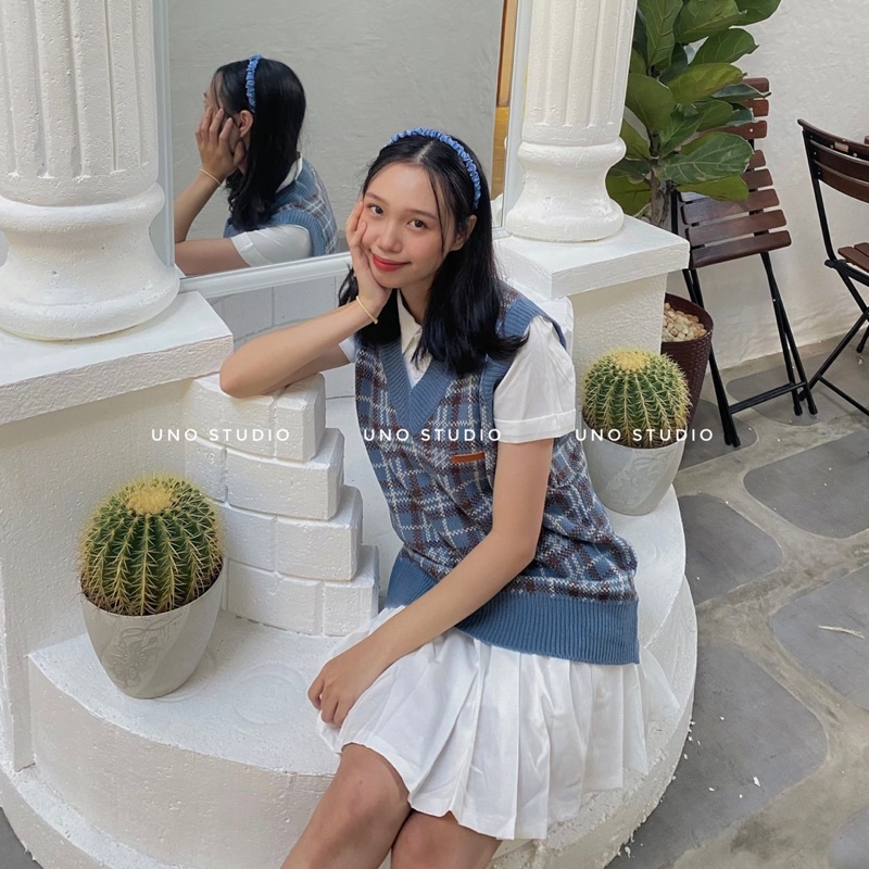 Áo gile len xanh kẻ sọc kèm hình thật