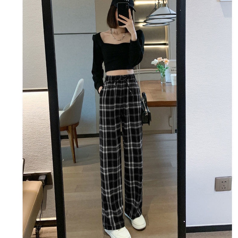JSC Quần Dài Lưng Cao Ống Rộng Sọc Ca Rô Trắng Đen Thời Trang Xuân Hè 2023 Cá Tính Cho Nữ