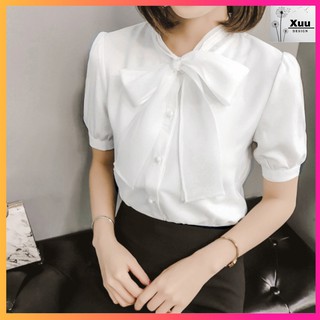 Áo sơ mi trắng thắt nơ, chất vải đẹp, hàng thiết kế moonmy
