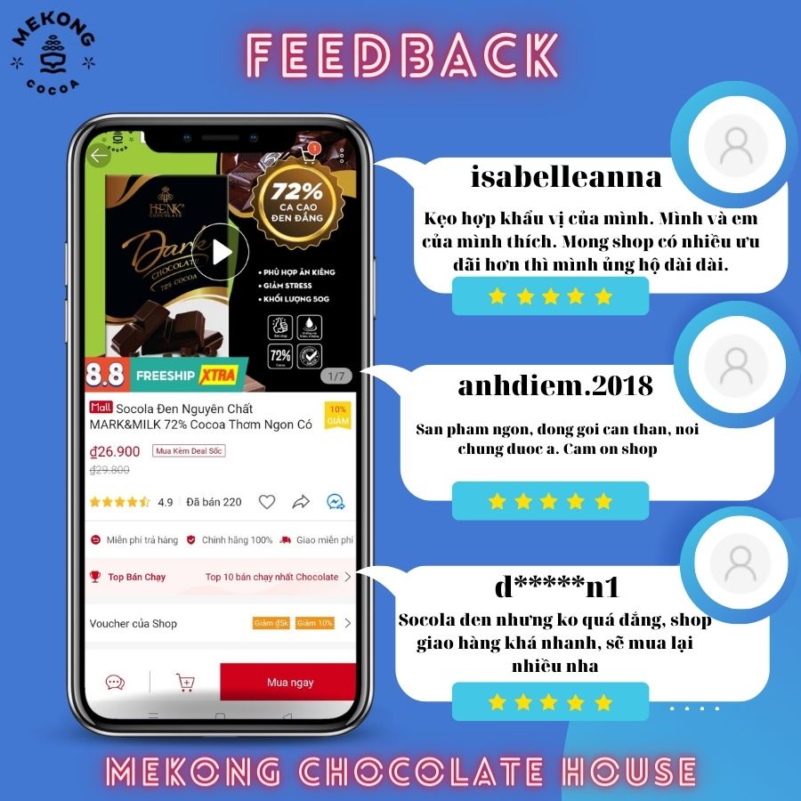 Socola Đen Nguyên Chất MARK&amp;MILK 72% Cocoa Thơm Ngon Có Vị Đắng Vừa Thanh 50g SCLD08