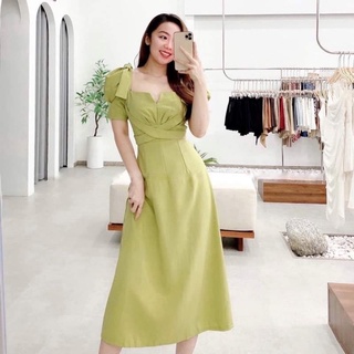 Đầm cổ vuông maxi nơ vai 4 màu