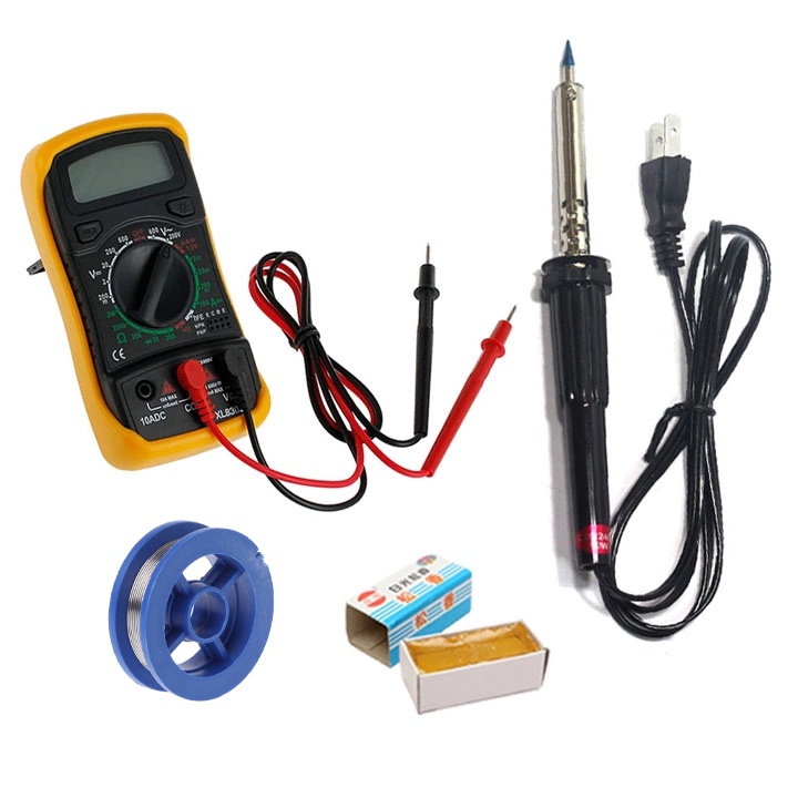 Bộ Sản Phẩm Ngành Điện Tử (Tay Hàn 60W SOLDERRING IRON, Đồng Hồ Số XL830, 2 Cuộn Thiếc Hàn Nhỏ OK 63/37, 1 Nhựa Thông)