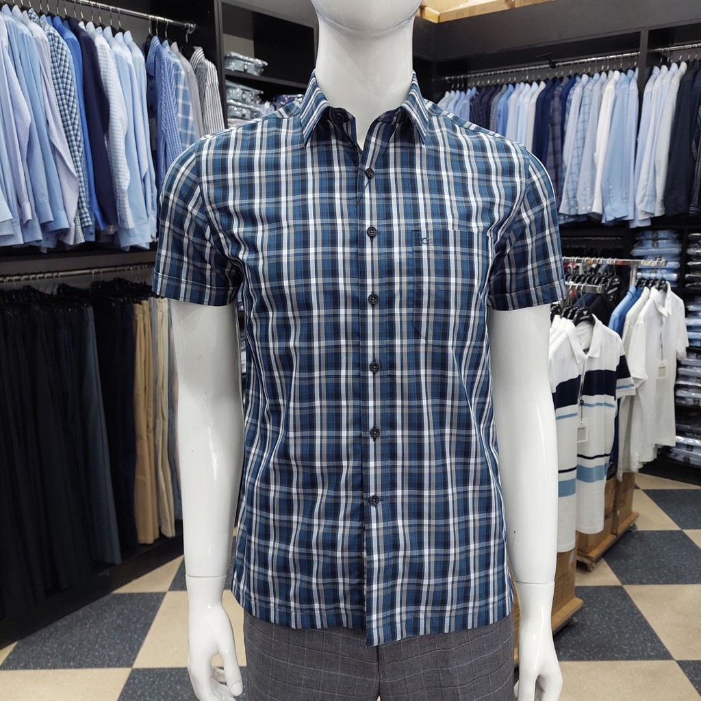 Áo Sơ Mi Nam Ngắn Tay Owen BA22702NT Somi Cộc Tay Công Sở Cao Cấp Kẻ Caro Xanh Xám Sợi Bạch Đàn Dáng Body Fit Tà Bằng | BigBuy360 - bigbuy360.vn