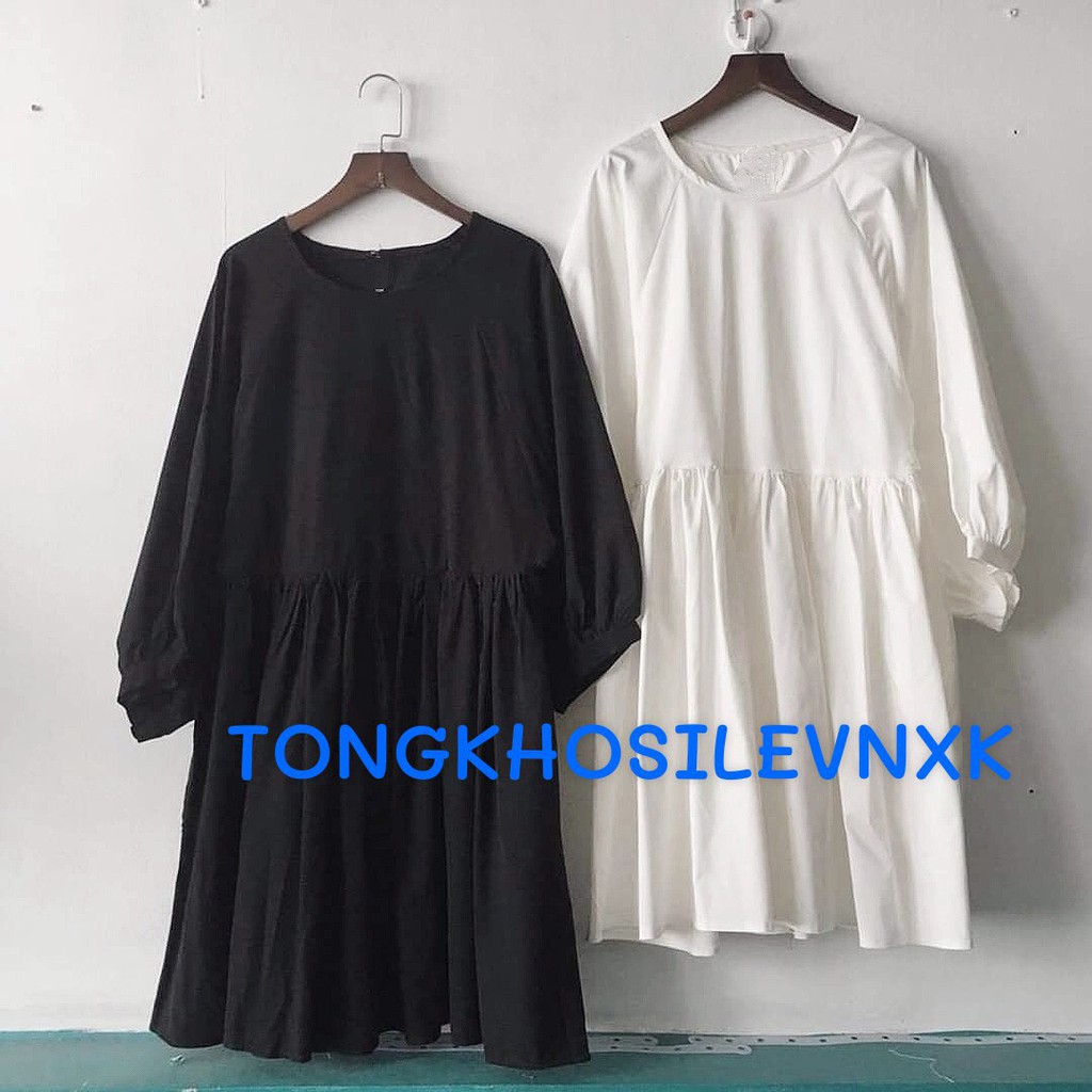 (new) VÁY BABYDOLL OVERSIZE TAY PHỒNG ĐEN TRẮNG - ĐẦM NỮ XOÈ TRƠN 2 MÀU ULZZANG