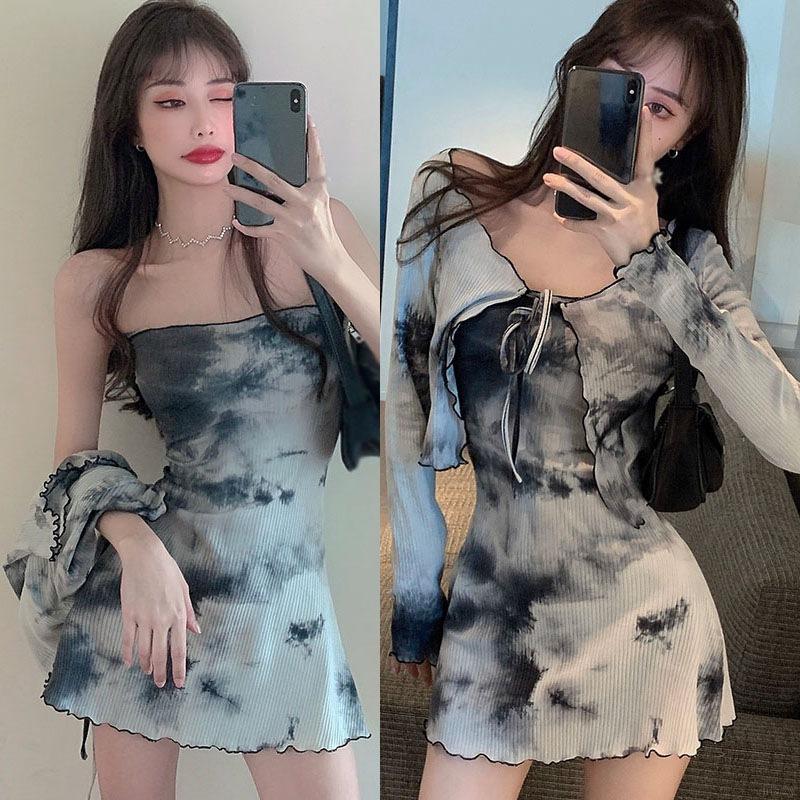 Bộ đầm ống + áo khoác cardigan thiết kế màu nhuộm thời trang Hàn Quốc