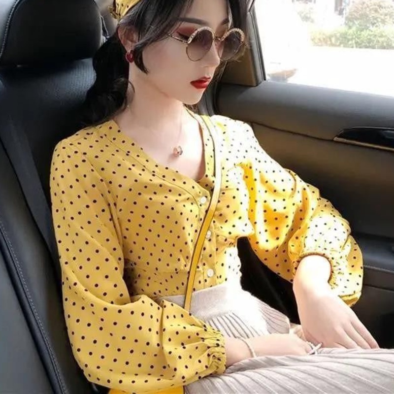 Áo Sơ Mi Tay Dài Chấm Bi Thời Trang 153010 Áo Sơ Mi Voan Cổ v Phong Cách Hàn Quốc Cho Nữ