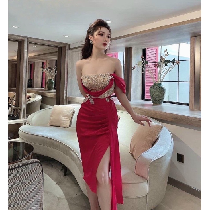 MS1228y ĐẦM PHI LỤA RỚT VAI ĐÍNH KS FULL SIZE S/M/L/XL