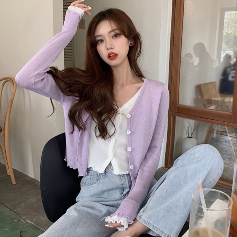 Áo Cardigan Dài Tay Cổ Chữ V Phối Ren Giả Hai Lớp Thời Trang Cho Nữ | BigBuy360 - bigbuy360.vn