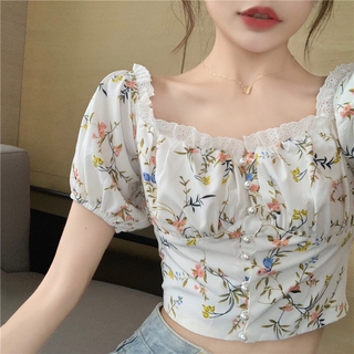Áo Kiểu Cổ Vuông Tay Phồng Thời Trang Phong Cách Retro Đáng Yêu Cho Nữ