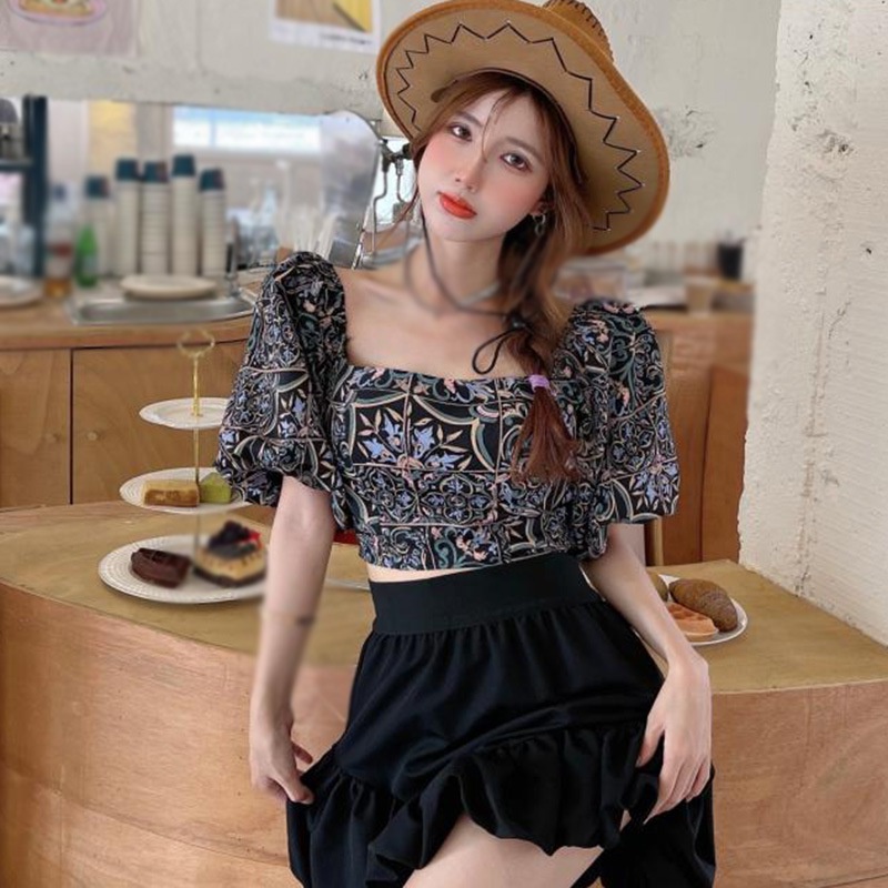 Áo Croptop Áo Kiểu Tay Ngắn Phồng Dáng Ngắn Cổ Vuông Họa Tiết Hoa Xinh Xắn Thời Trang Cho Nữ