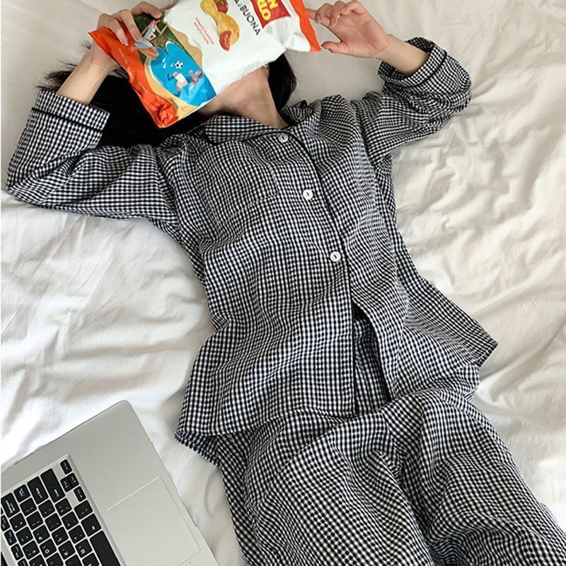 Bộ đồ ngủ nữ sinh mùa thu áo cardigan dài tay quần kẻ sọc mặc nhà đồ ngủ nữ bộ đồ xuân thu