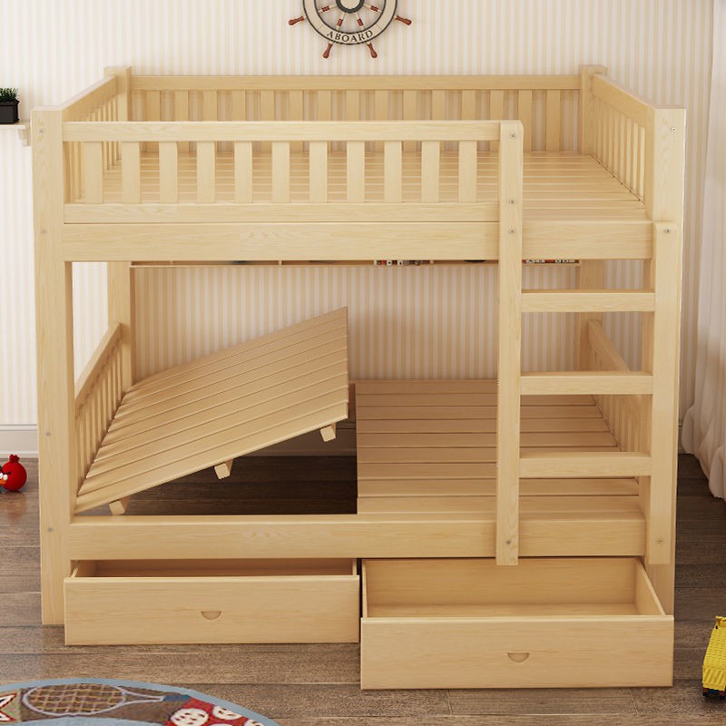 Giường tầng hai lớp dày toàn bộ bằng gỗ nguyên khối người lớn cao và thấp đôi trẻ em
