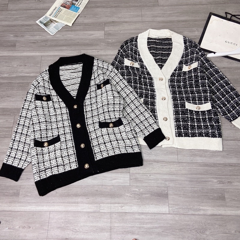 Áo Khoác Cardigan Kẻ Ziczac Cúc Ngọc Áo Khoác Ngoài Dạ